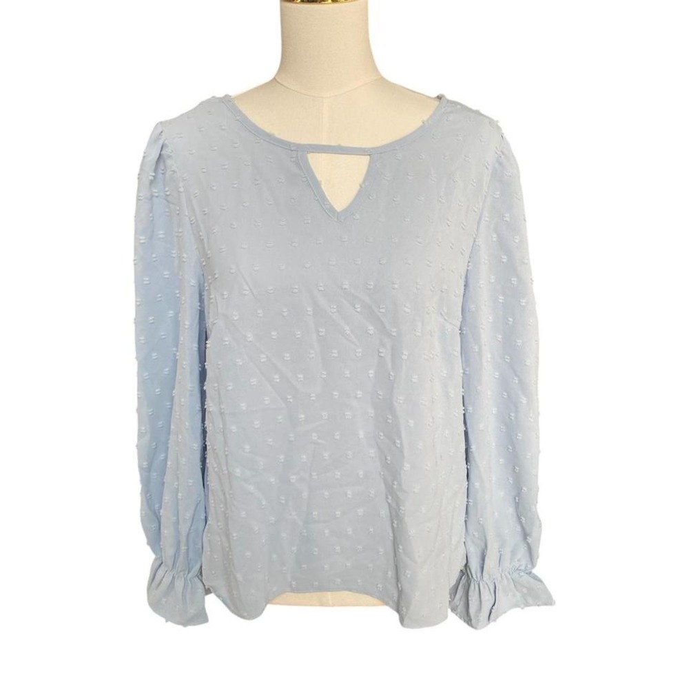 NWT Light blue long sleeve blouse‎ with cut out neckline and ruffled sleeves